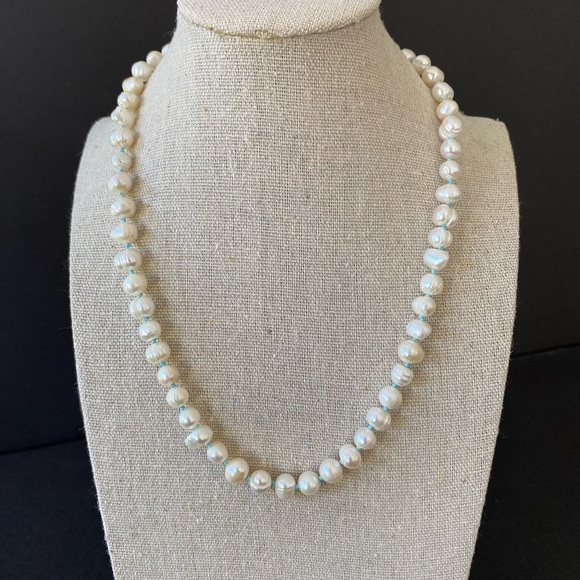 Baby Blue Knotted Freshwater Pearl Necklace - Picture 1 of 11